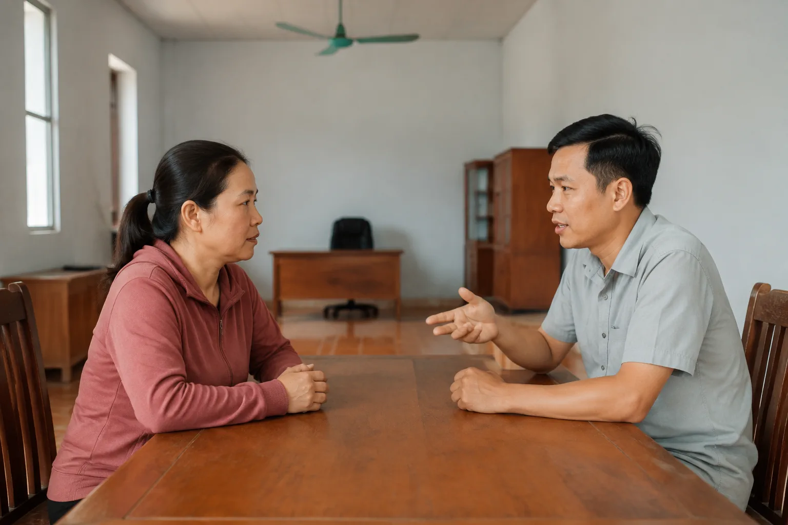 Hai người ngồi đối diện nhau tại một không gian làm việc đơn giản ở Đắk Nông, trao đổi về nhu cầu tìm tài sản và các tiêu chí cần ưu tiên trước khi đi xem thực tế.