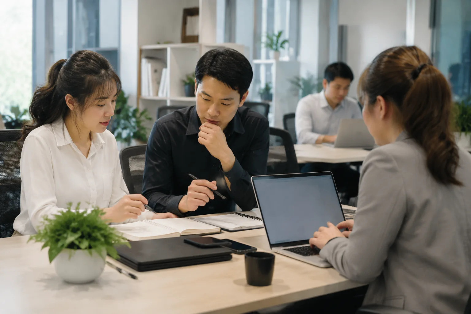 Nhân viên doanh nghiệp Việt Nam làm việc với kế hoạch nội dung và theo dõi hoạt động website trong quá trình vận hành