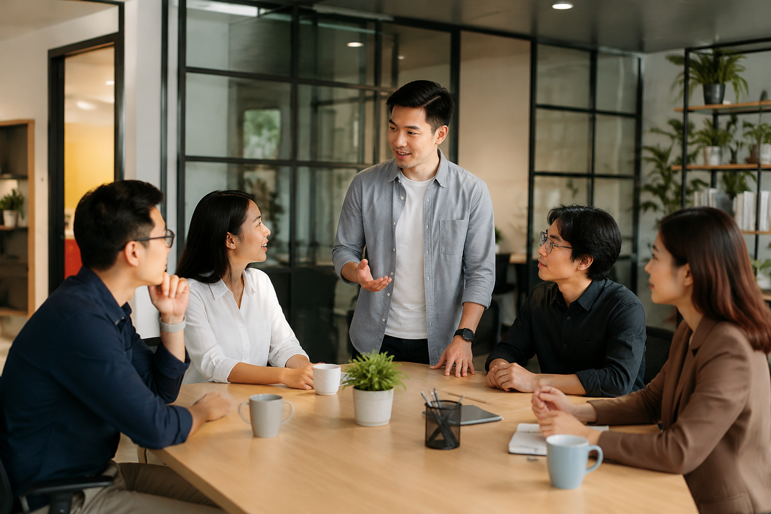 Nhóm nhân sự doanh nghiệp Việt Nam đang họp chuẩn bị kế hoạch dự án website với tinh thần phối hợp và định hướng rõ ràng