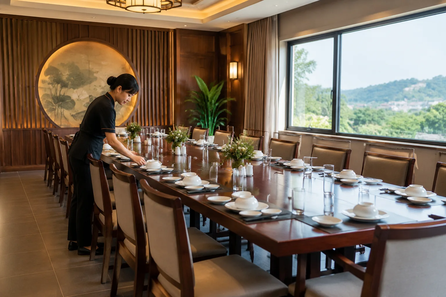Bàn ăn nhà hàng Việt Nam được chuẩn bị cho nhóm khách với các vị trí ngồi được sắp xếp gọn gàng, nhân viên kiểm tra cách bố trí bàn ghế trong không gian riêng tư nhằm hỗ trợ trải n