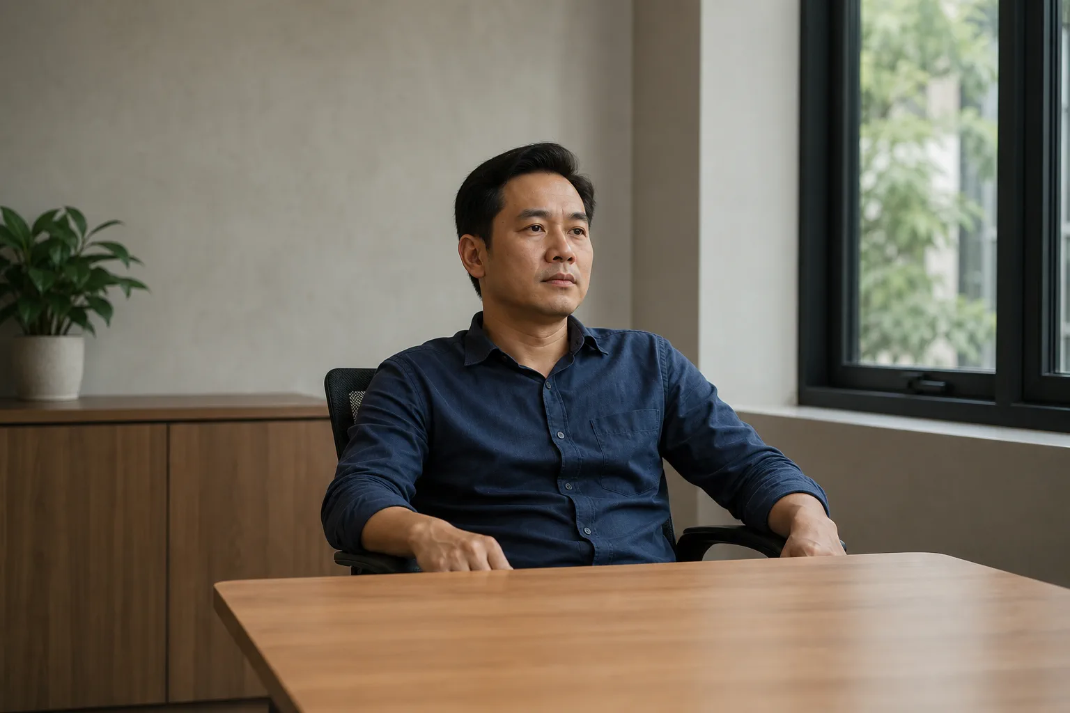 Chủ doanh nghiệp Việt Nam ngồi một mình tại bàn họp trong văn phòng nhỏ, nhìn thẳng về phía trước với tư thế suy nghĩ nghiêm túc — thể hiện giai đoạn cân nhắc mục tiêu trước khi đầ