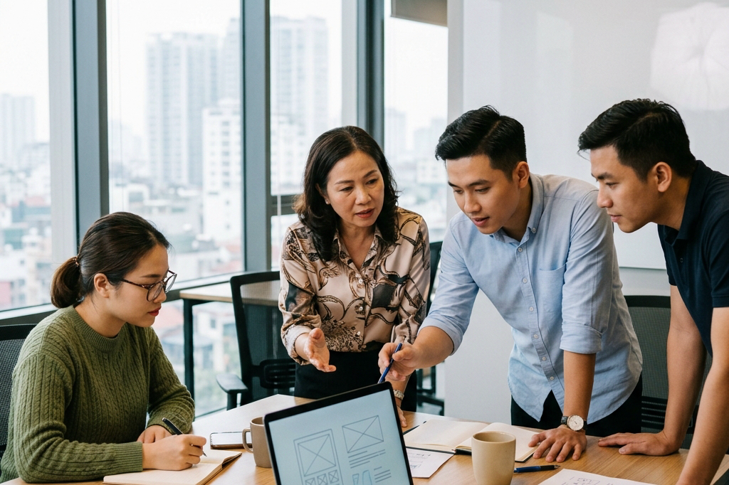 Chủ doanh nghiệp Việt Nam đang cùng đội ngũ trao đổi kế hoạch thiết kế website trước màn hình máy tính trong văn phòng hiện đại, thể hiện quá trình chuẩn bị brief và định hướng dự
