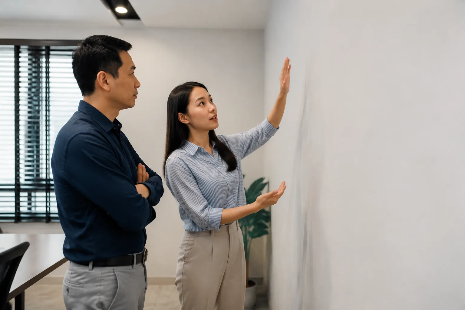 Nhóm hai người Việt Nam đứng cạnh tường trắng trong văn phòng nhỏ, một người dùng tay phác thảo thứ tự các khu vực nội dung theo chiều dọc trên tường — thể hiện quá trình xác định