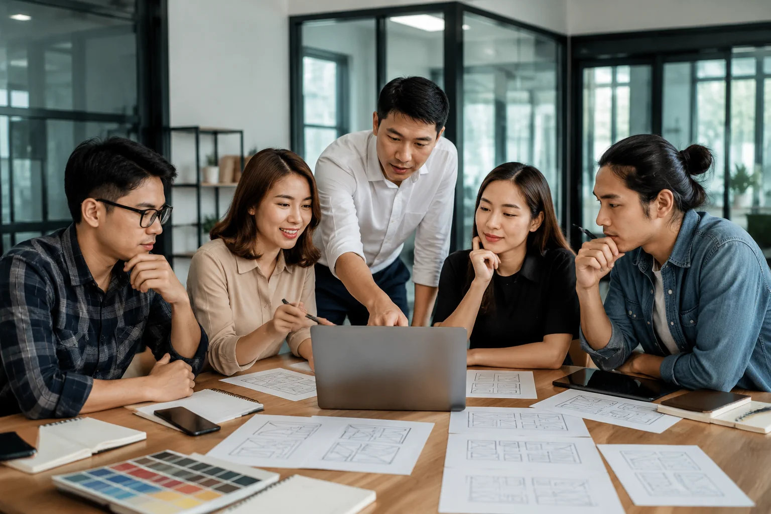 Nhóm chuyên gia Việt Nam đang trao đổi về thiết kế cấu trúc website trên máy tính trong không gian văn phòng hiện đại