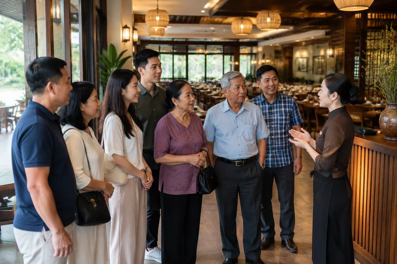 Nhóm khách Việt Nam gồm nhiều độ tuổi đang tham khảo không gian ăn uống tại nhà hàng Gia Nghĩa, một người đại diện trao đổi trực tiếp với nhân viên về nhu cầu buổi gặp mặt trong kh