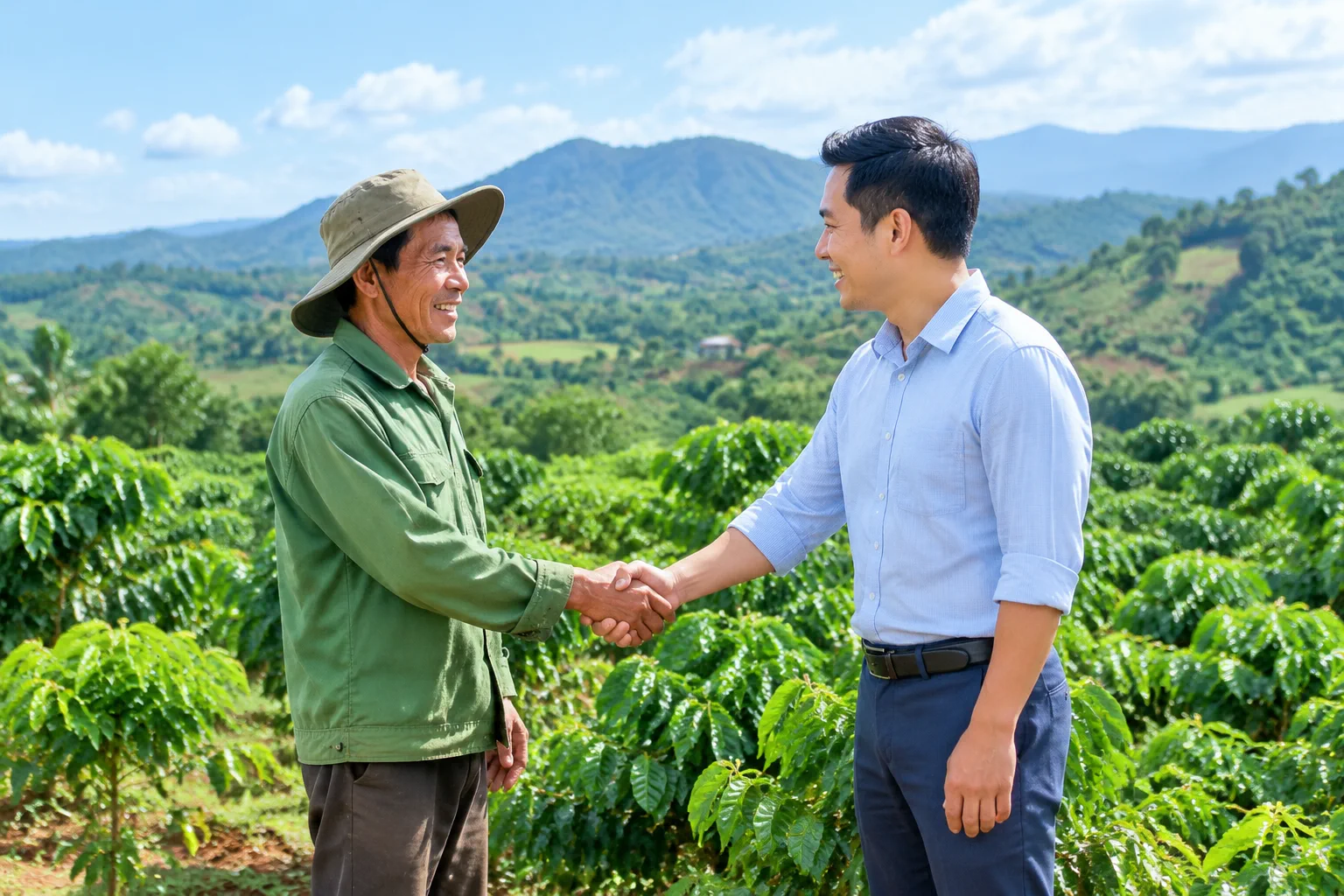 Nông dân và đại diện công ty bảo hiểm bắt tay trong cánh đồng nông nghiệp xanh mướt tại Đắk Nông, nền núi non phía sau