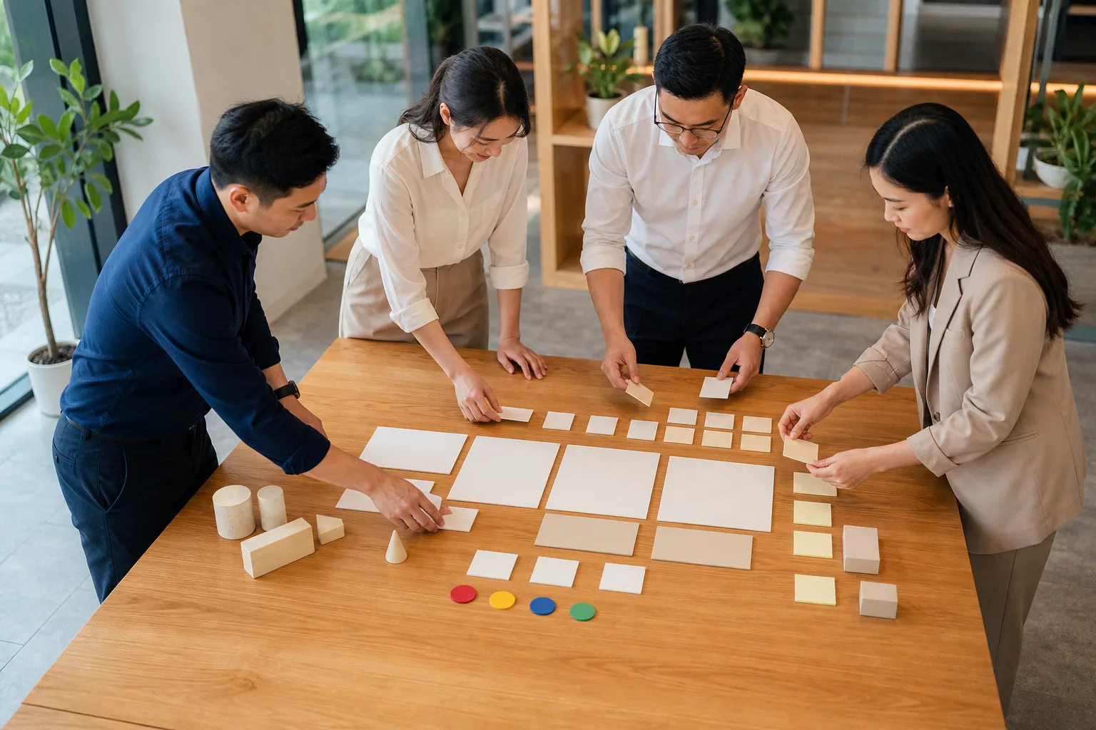 Nhóm nhân sự doanh nghiệp Việt Nam đang phân loại các vật thể mô phỏng cấu trúc website trong buổi trao đổi nội bộ, thể hiện quá trình chuẩn bị nội dung và phạm vi triển khai.