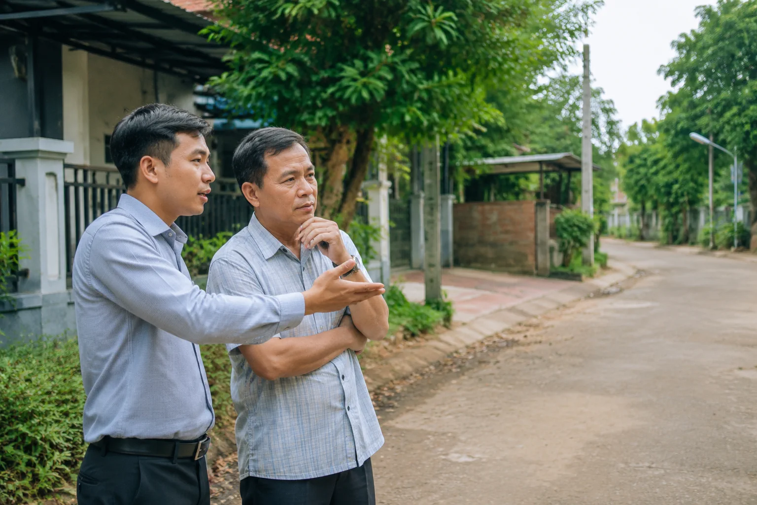 Chuyên viên bất động sản tại Gia Nghĩa trao đổi với chủ tài sản ngoài khu dân cư về cách cập nhật thông tin và phối hợp giới thiệu tài sản, thể hiện việc thống nhất phạm vi hỗ trợ.