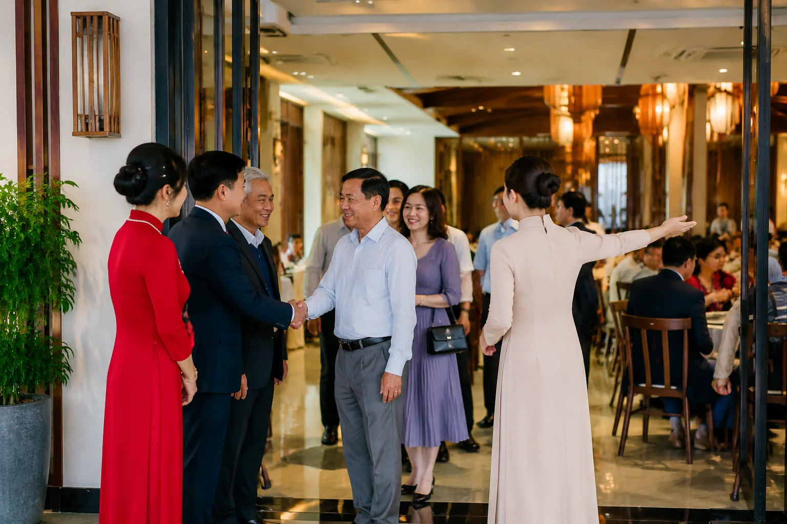 Gia đình cô dâu chú rể đang đón khách tại lối vào sảnh tiệc cưới, một người hướng dẫn khách về phía khu vực bàn tiệc trong không khí trật tự và thân thiện