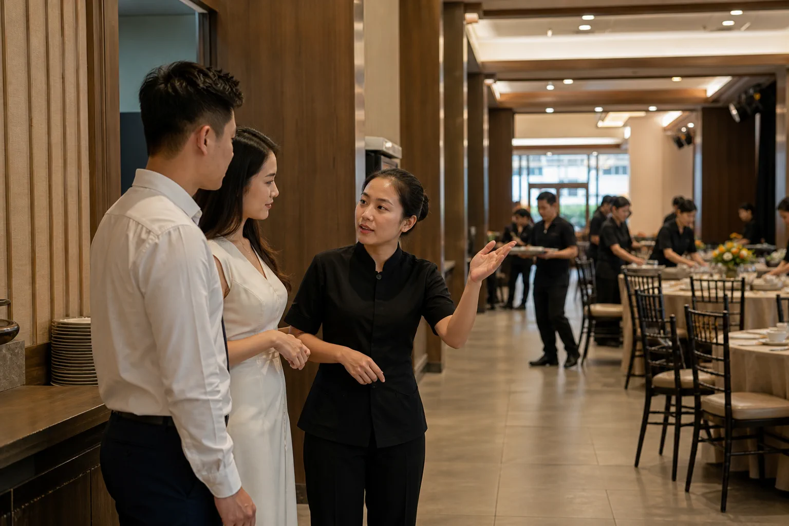 Nhân viên nhà hàng Việt Nam hướng dẫn cặp đôi xem khu vực phục vụ tiệc và lối vận hành phía sau trong buổi trao đổi về quy trình phối hợp tổ chức cưới