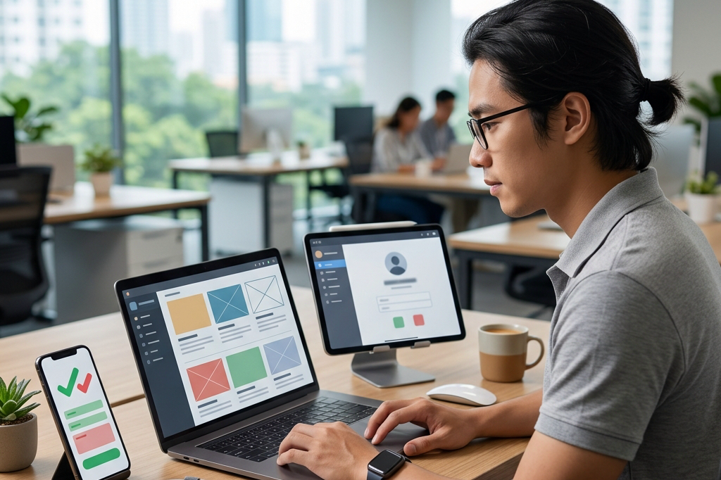 Chuyên viên kỹ thuật Việt Nam kiểm tra các yếu tố vận hành website như biểu mẫu, bảo mật và quản trị trên nhiều thiết bị