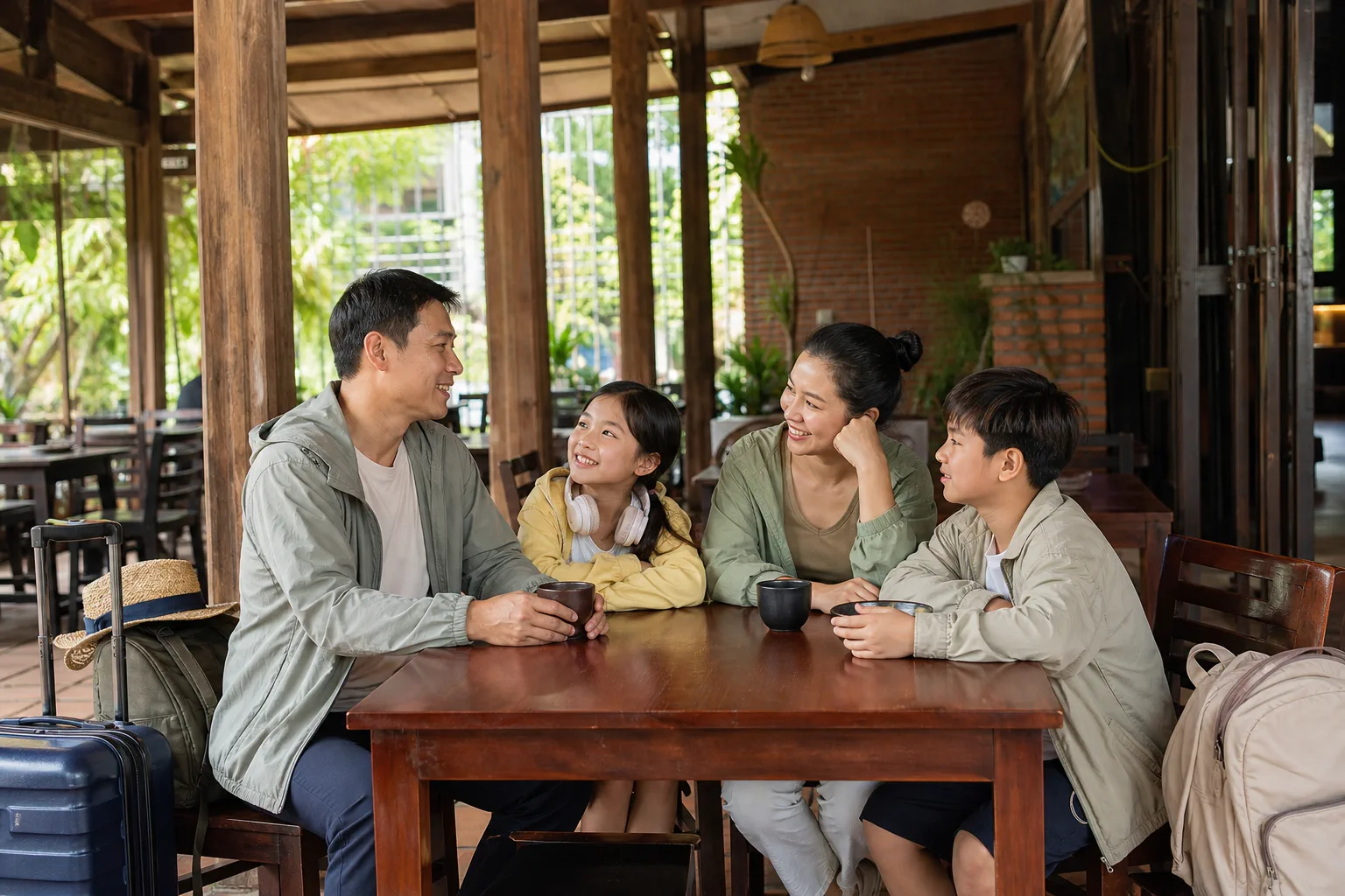 Du khách gia đình đang nghỉ chân trong không gian nhà hàng Việt Nam tại Đắk Nông, một góc nhìn thể hiện sự kết nối giữa hành trình du lịch và trải nghiệm ẩm thực thoải mái với khôn
