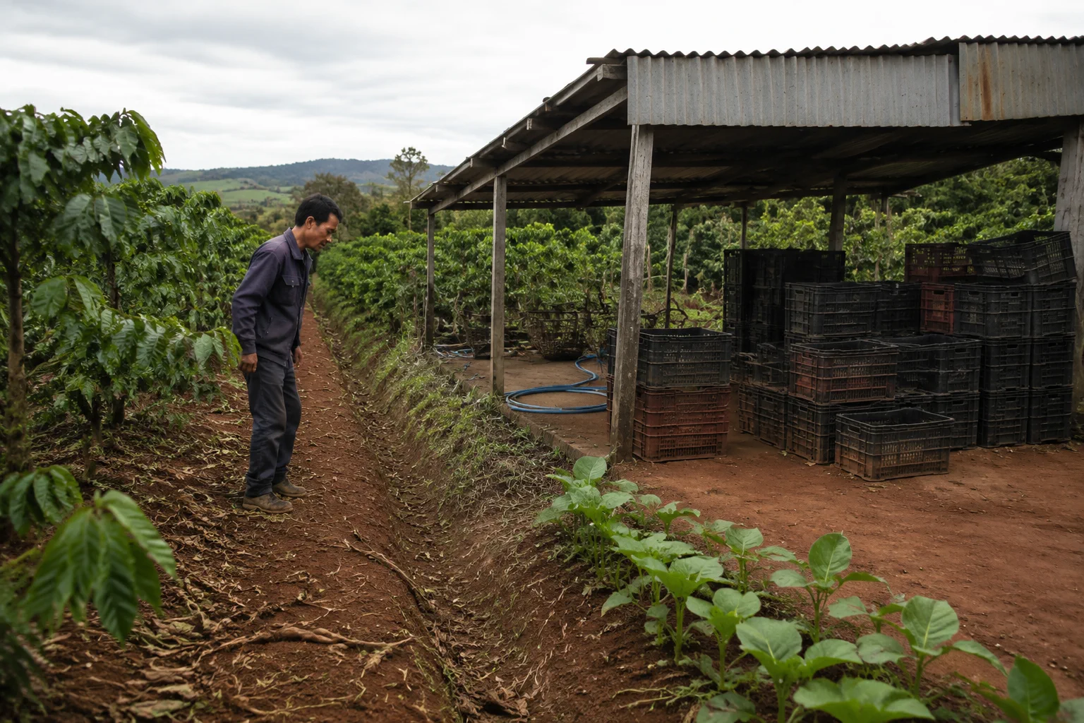 Người làm farm kiểm tra vị trí dự kiến của hạng mục phục vụ sản xuất bên cạnh luống cây và khu chứa vật tư ngoài trời, chỉ thể hiện nhu cầu cần xác minh