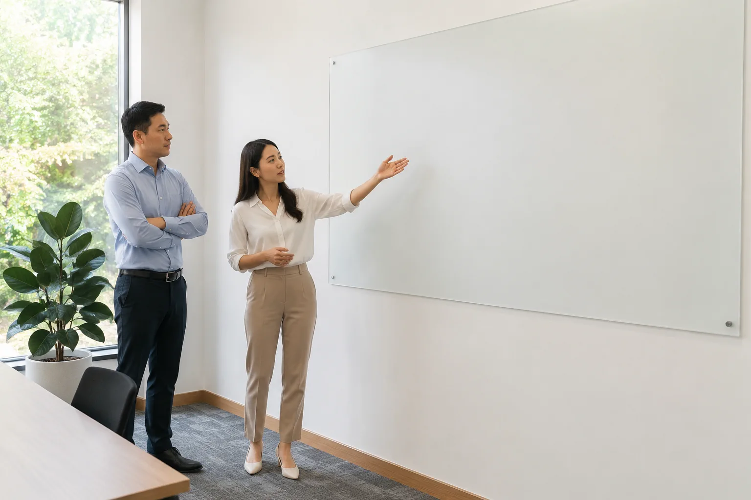 Hai nhân viên doanh nghiệp Việt Nam đứng cạnh bảng kế hoạch trống trong phòng họp nhỏ, một người chỉ tay về phía bảng và người kia lắng nghe — thể hiện quá trình xác định kịch bản
