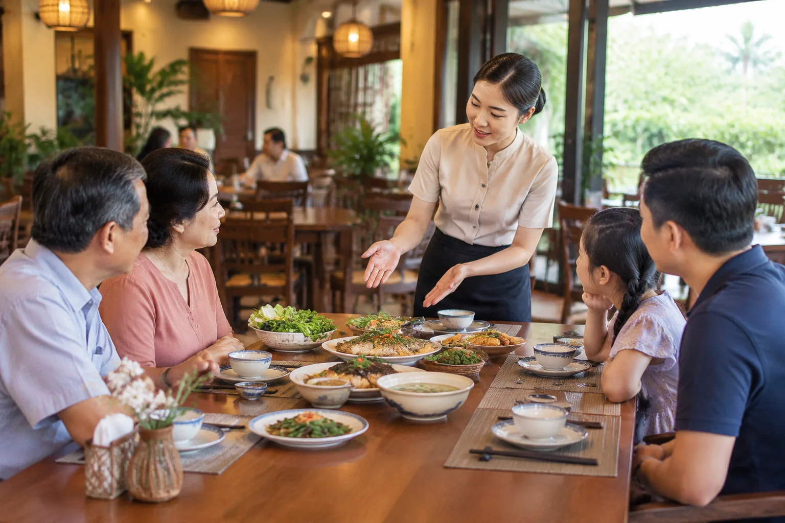 Nhân viên phục vụ nhà hàng Việt Nam đang giới thiệu cách sắp xếp các món ăn trên bàn cho nhóm khách gia đình trước khi dùng bữa, thể hiện quá trình tư vấn thực đơn theo nhu cầu.