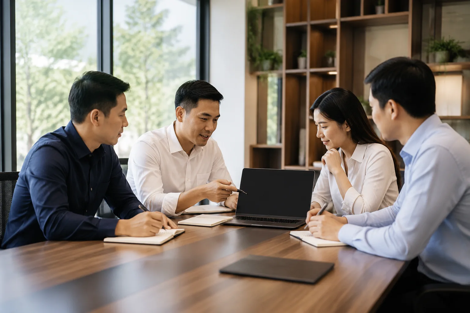 Nhóm doanh nghiệp Việt Nam đang trao đổi mục tiêu dự án website trong một buổi họp chuyên nghiệp tại văn phòng hiện đại