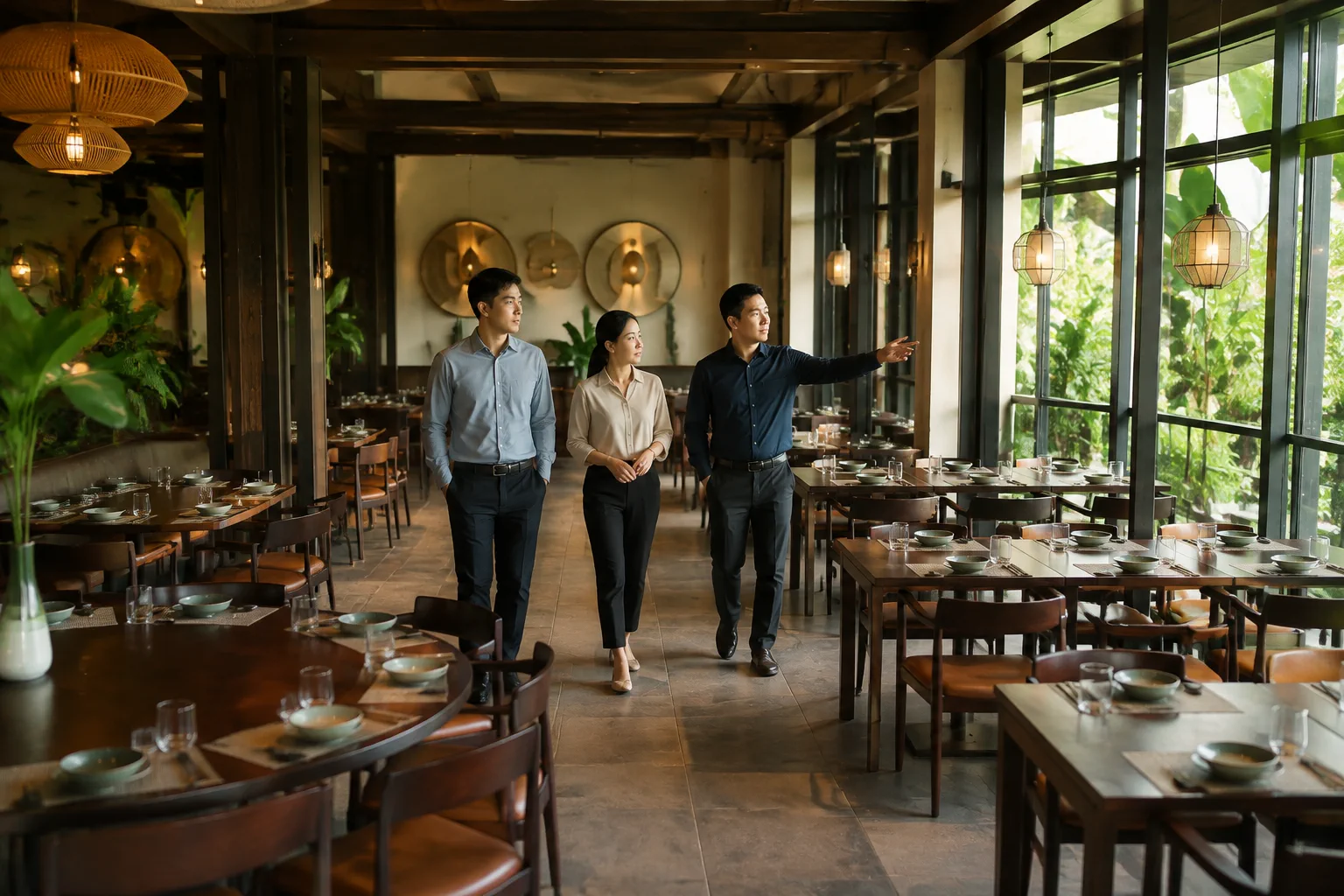 Nhóm nhân sự doanh nghiệp Việt Nam quan sát cách bố trí khu vực bàn ăn trong nhà hàng trước khi thống nhất không gian cho buổi gặp mặt công ty, thể hiện quá trình đánh giá địa điểm