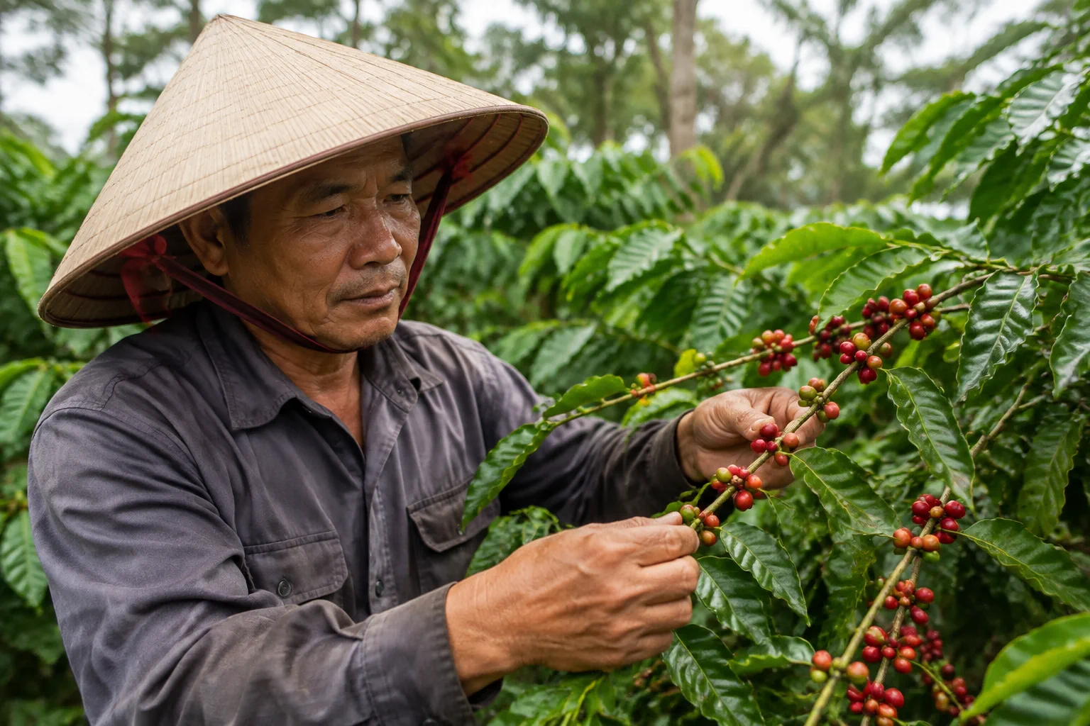 Người nông dân kiểm tra cây cà phê trong vườn, quan sát tình trạng cành và quả tại Đắk Nông