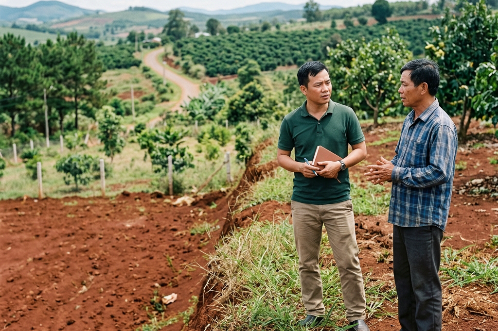 Người mua và người bán trao đổi trực tiếp về một lô đất tại Gia Nghĩa trong giai đoạn trước khi đặt cọc