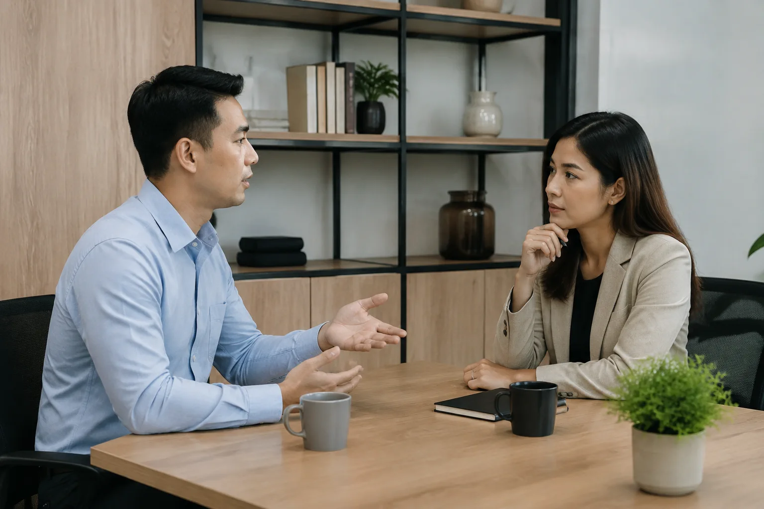 Nhân viên doanh nghiệp Việt Nam kiểm tra khu vực vận hành nội dung cùng đồng nghiệp trong văn phòng, thể hiện việc rà soát và bàn giao trách nhiệm khi người phụ trách thay đổi.