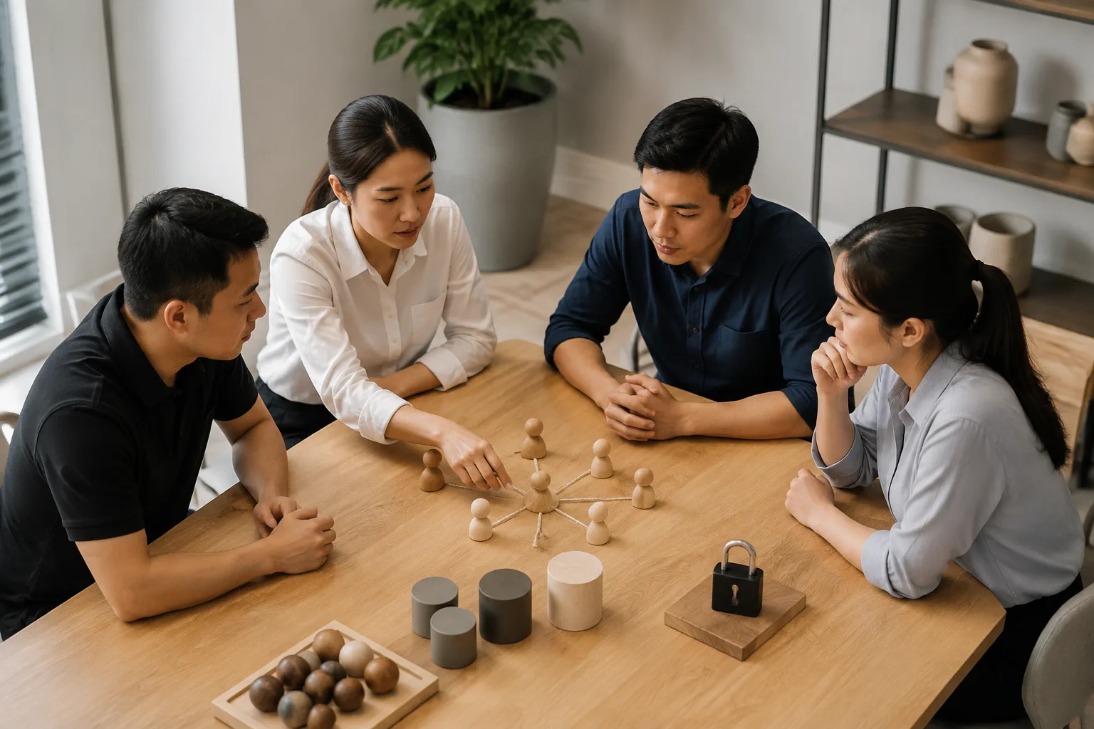 Nhân sự doanh nghiệp Việt Nam kiểm tra các quyền truy cập và tài sản vận hành website thông qua cuộc trao đổi nhóm nhỏ trong khu vực làm việc hiện đại, thể hiện bước rà soát trước
