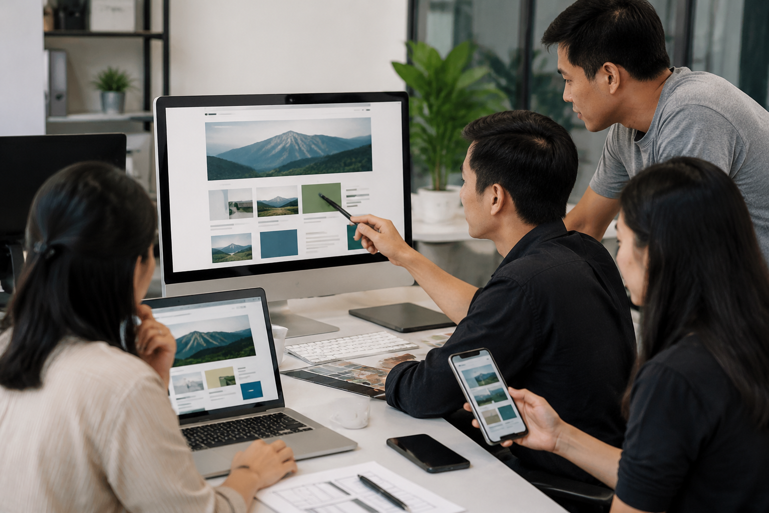 Nhóm nhân sự Việt Nam kiểm tra giao diện website trên máy tính và điện thoại, thể hiện các yếu tố kỹ thuật như mobile, tốc độ và khả năng quản trị