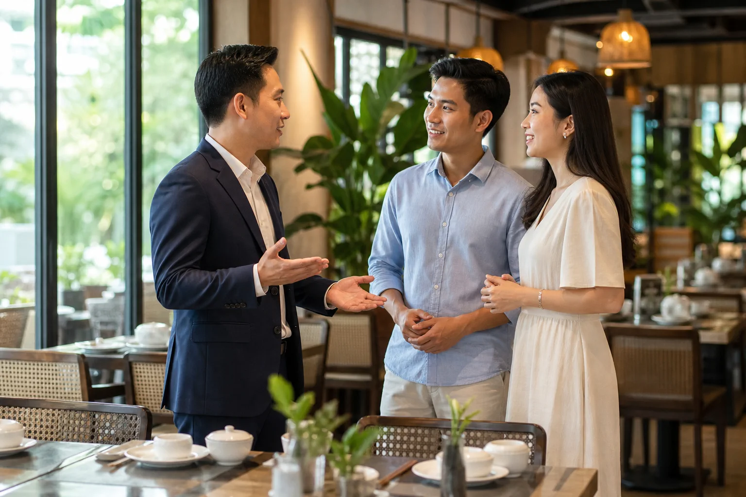 Nhân viên tư vấn nhà hàng Việt Nam giới thiệu khu vực phục vụ món ăn và cách trải nghiệm tiệc cho một cặp đôi đang tìm hiểu địa điểm tổ chức cưới