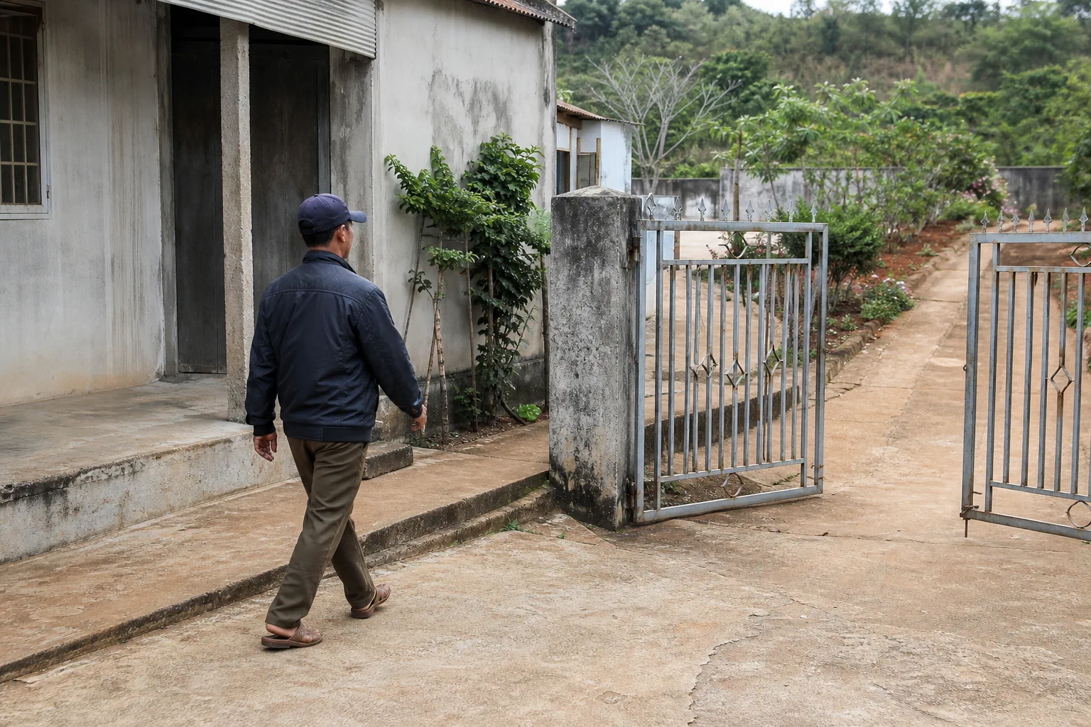 Người hỗ trợ quản lý bất động sản kiểm tra tình trạng bên ngoài của một căn nhà tại Đắk Nông bằng cách quan sát khu vực sân vườn và hạ tầng xung quanh, thể hiện việc theo dõi hiện