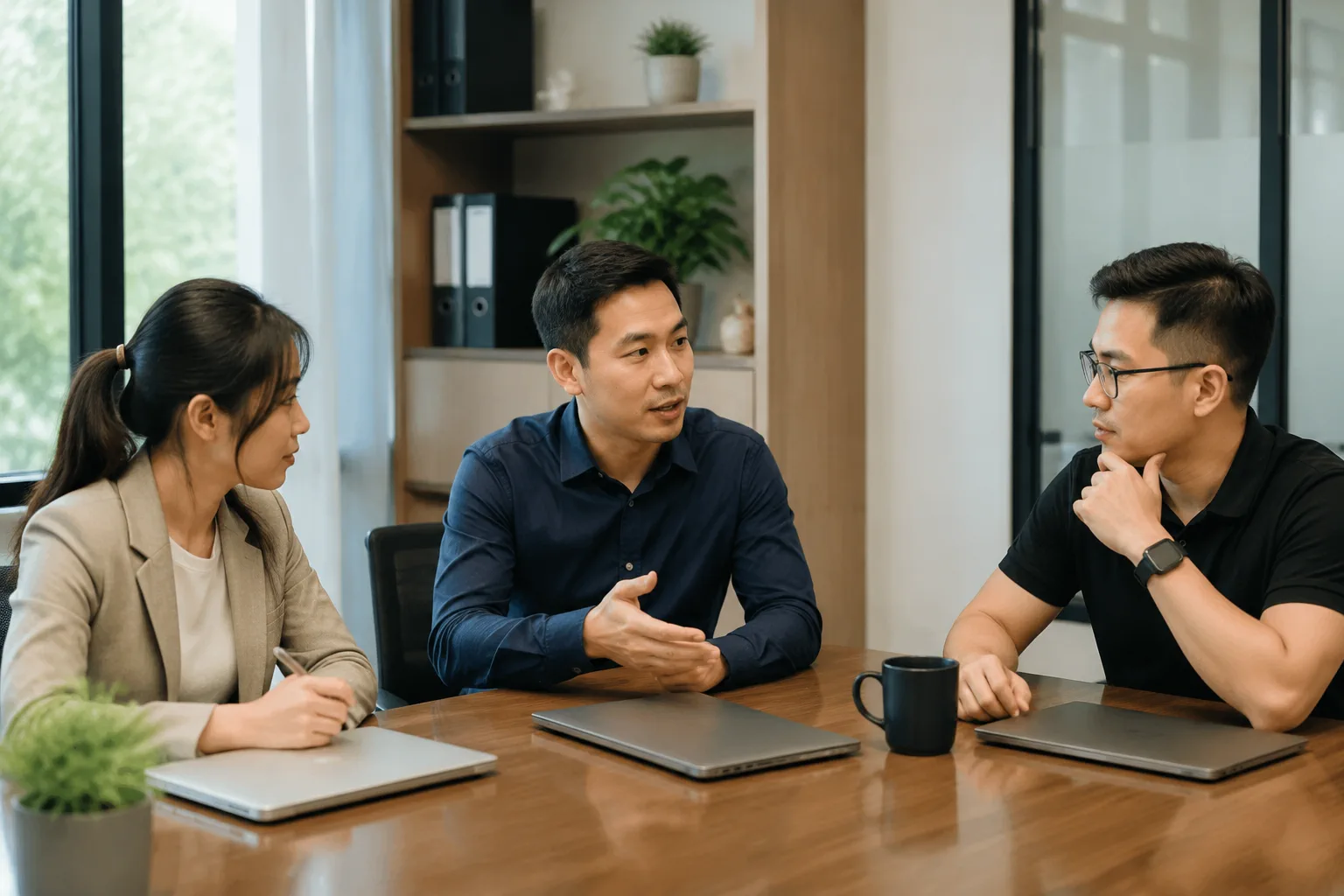 Nhân sự doanh nghiệp Việt Nam cùng trao đổi về việc vận hành và quản lý website sau khi bàn giao trong không gian văn phòng hiện đại