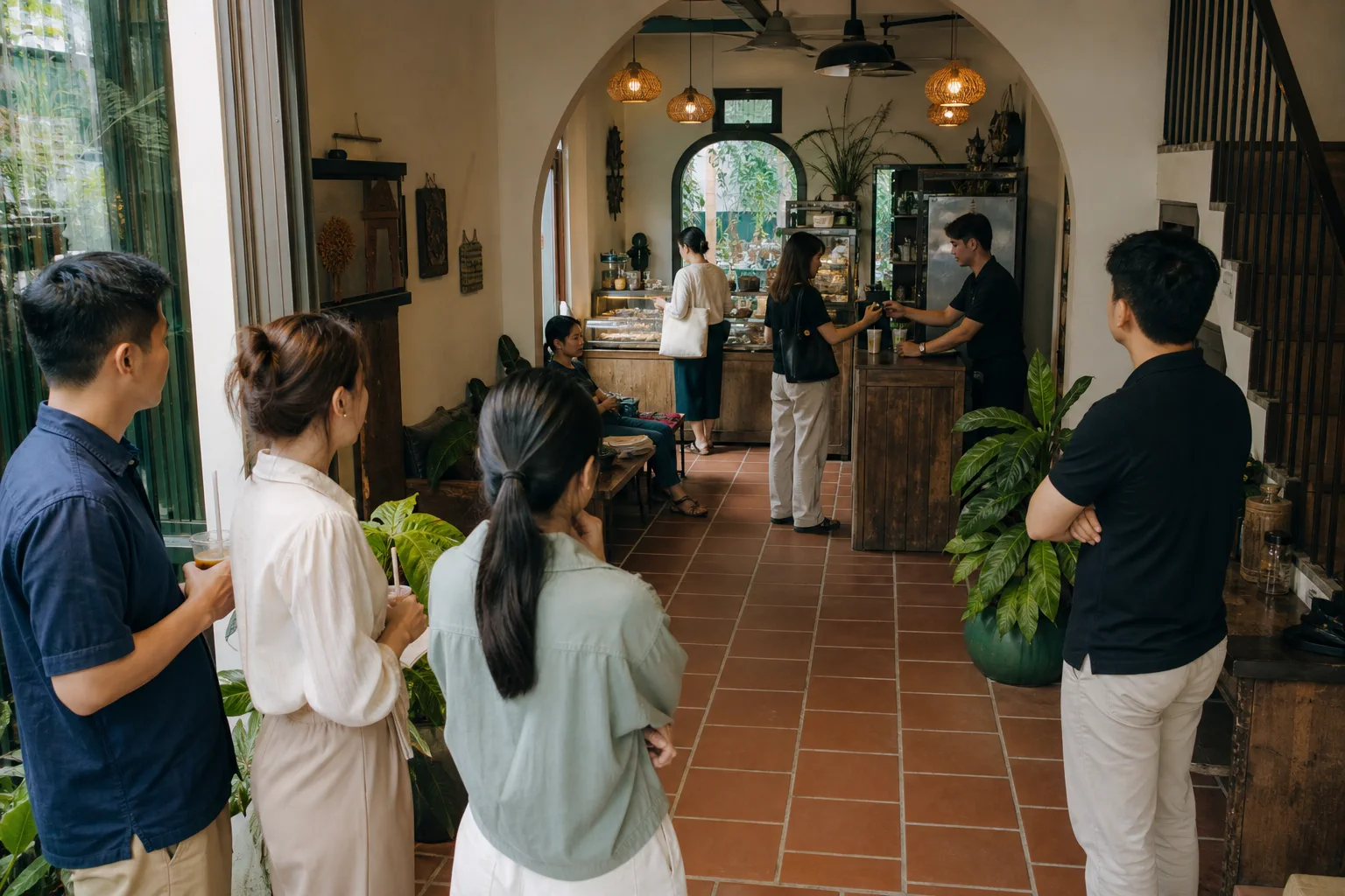 Nhóm doanh nghiệp Việt Nam quan sát quá trình khách hàng di chuyển trong một không gian dịch vụ thực tế, thể hiện việc hình dung các bước tiếp cận thương hiệu trước khi xây dựng we