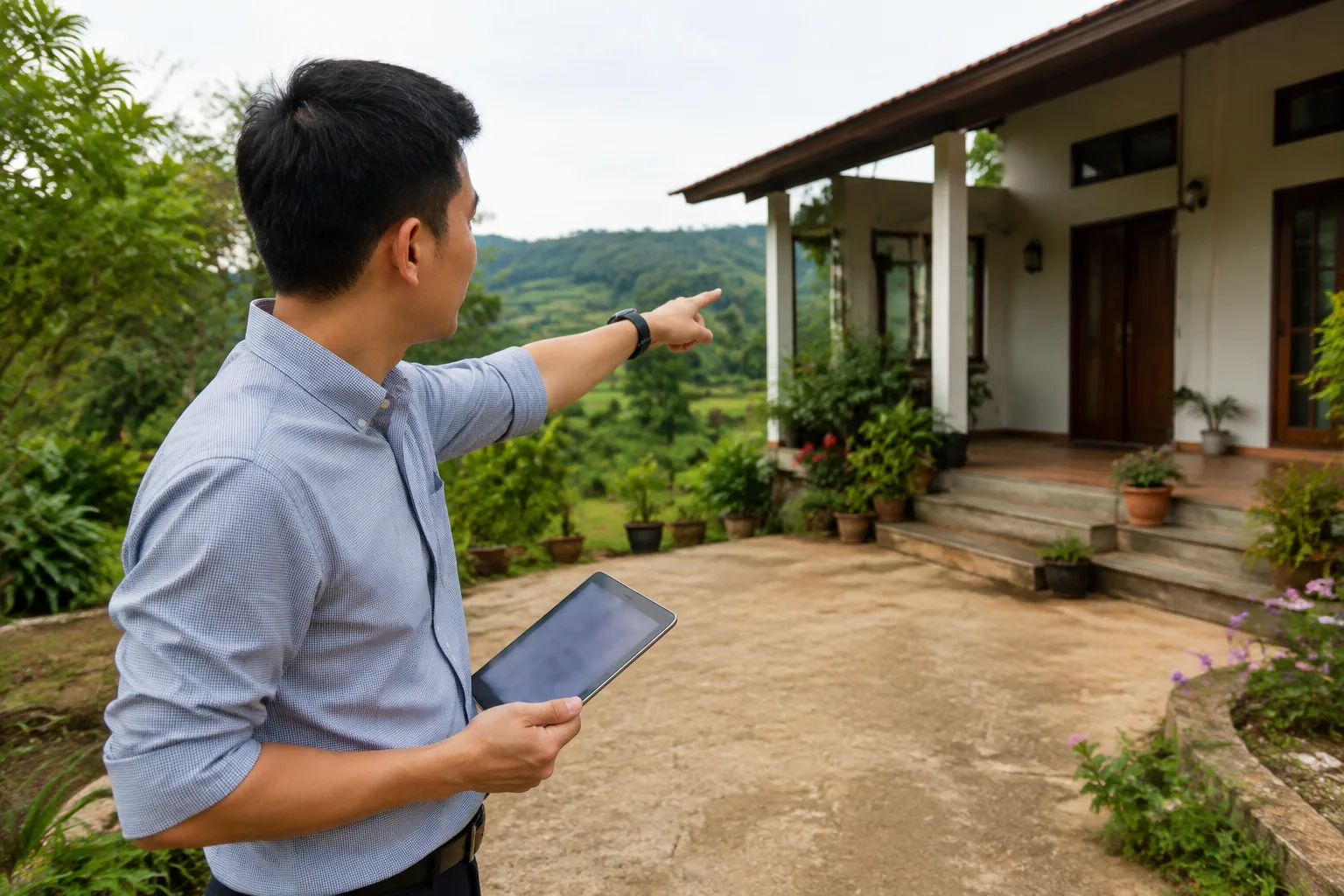 Nhân viên hỗ trợ ký gửi đang kiểm tra tài sản trên máy tính bảng, đứng bên cạnh ngôi nhà đang được chụp ảnh toàn cảnh