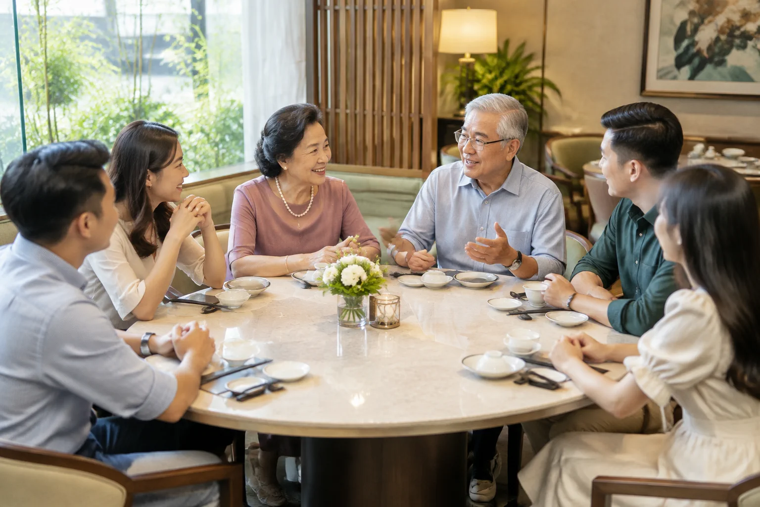 Gia đình nhiều thế hệ Việt Nam đang cùng nhau trao đổi lựa chọn món ăn tại khu vực bàn tư vấn riêng trong nhà hàng, thể hiện sự cân nhắc khẩu vị khác nhau trước khi đặt tiệc.