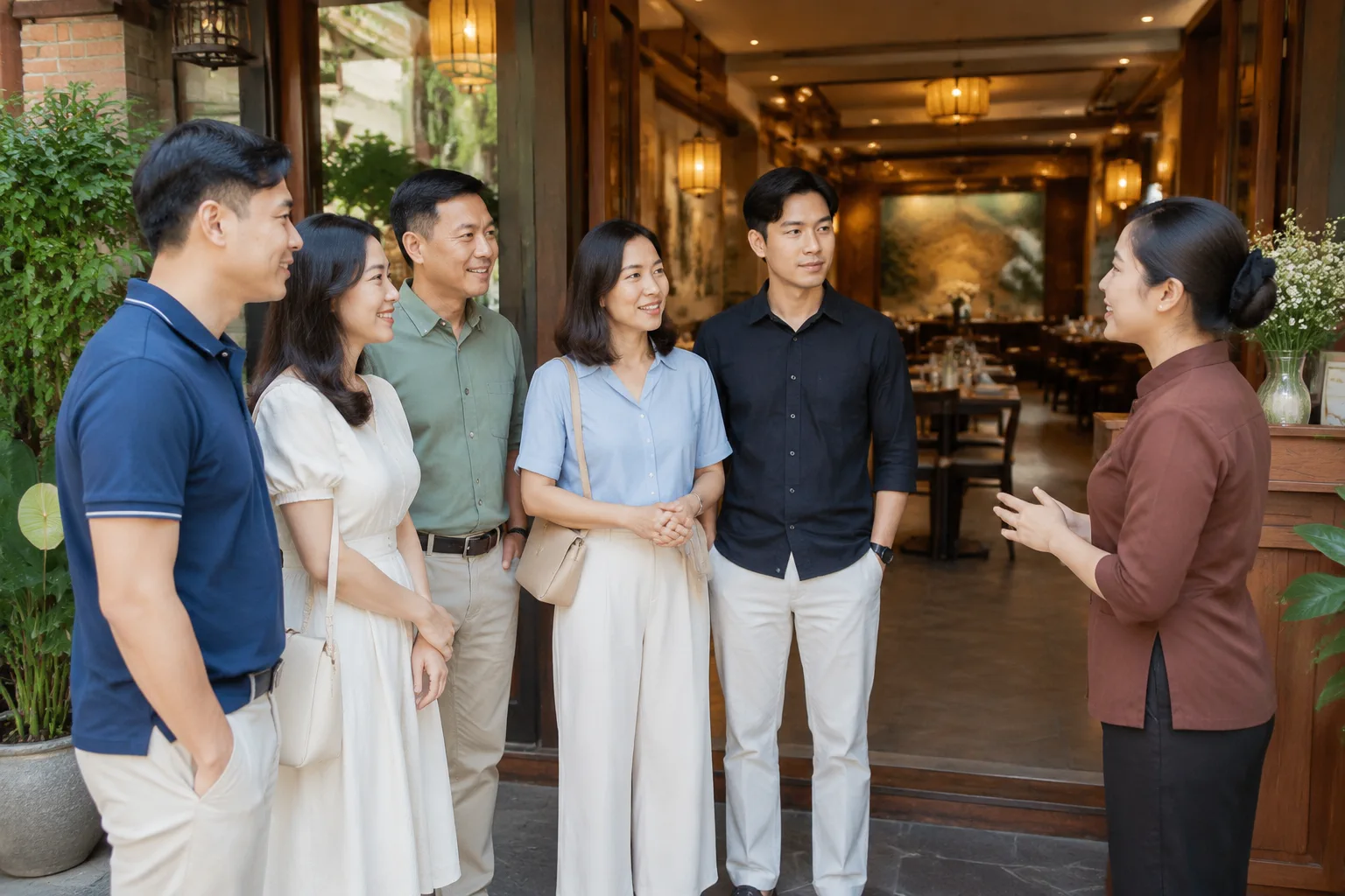 Nhóm khách Việt Nam đang trao đổi nhu cầu tổ chức bữa ăn với nhân viên nhà hàng tại khu vực sảnh đón khách, thể hiện bước chuẩn bị thông tin trước khi đặt bàn cho nhóm đông với khô