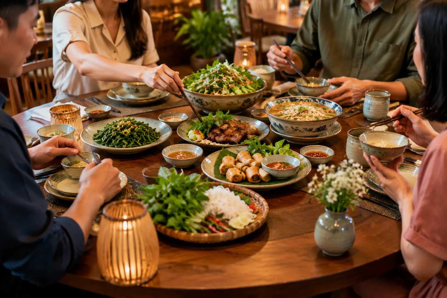 Góc nhìn cận cảnh bàn ăn nhà hàng Việt Nam với nhiều món ăn được sắp xếp hài hòa cho một buổi gặp mặt, hai thực khách trưởng thành đang chia sẻ món ăn trong không gian ấm cúng, thể