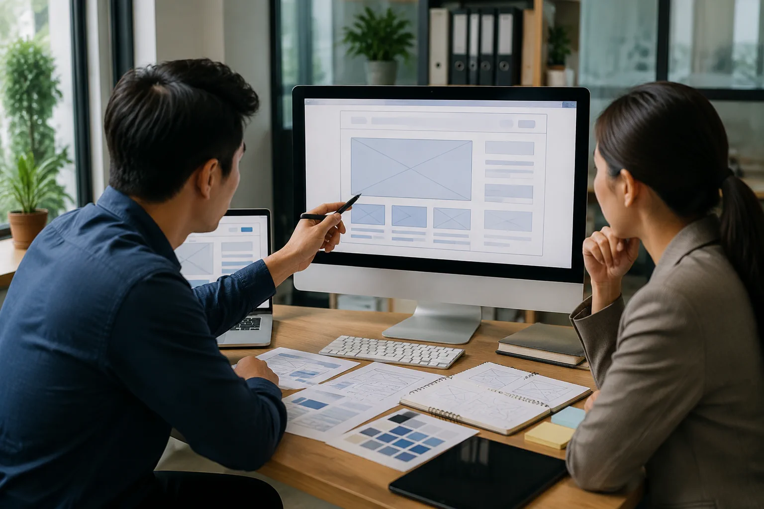 Chuyên viên marketing và chủ doanh nghiệp Việt Nam đang trao đổi kế hoạch xây dựng website trên màn hình máy tính, thể hiện việc chuẩn bị SEO ngay từ giai đoạn thiết kế