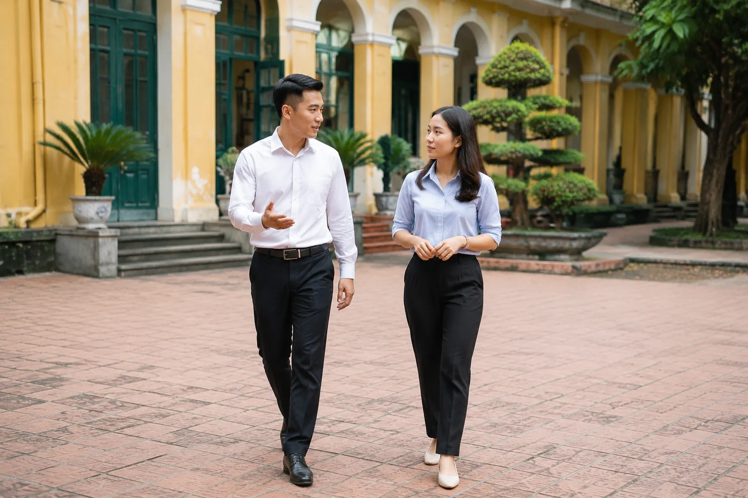 Người mua cùng chuyên viên tư vấn trao đổi sau khi tìm hiểu thông tin tại khuôn viên một tòa nhà công cộng địa phương, nhấn mạnh tầm quan trọng của việc đối chiếu dữ liệu.