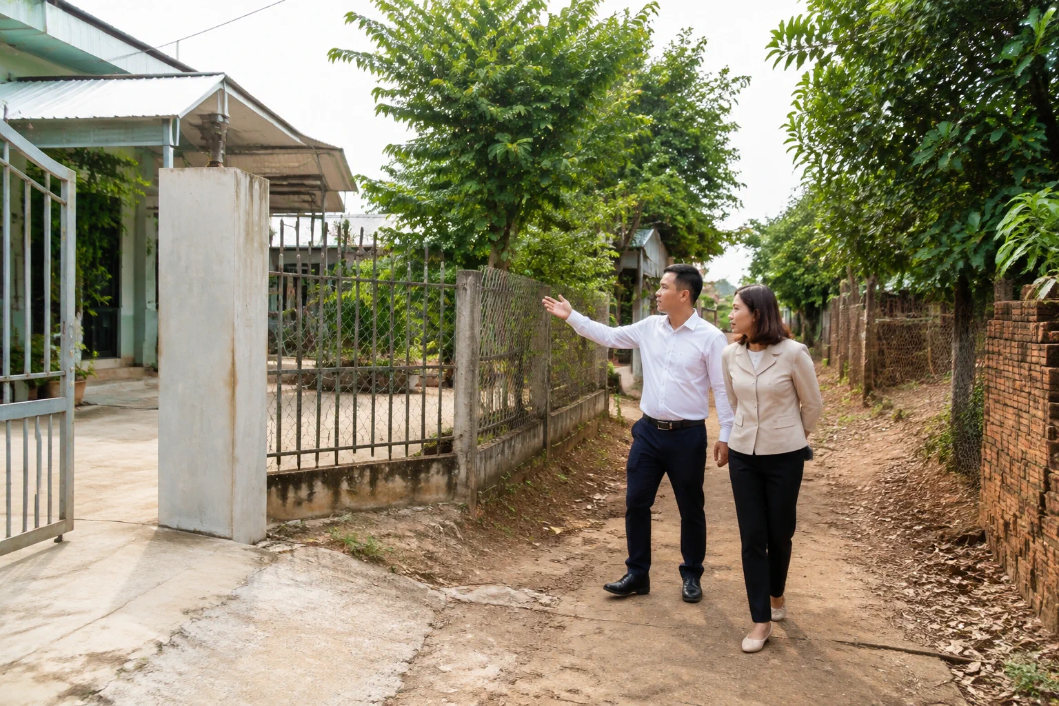 Buổi khảo sát thực tế nhà đất tại Gia Nghĩa với chuyên gia hỗ trợ ghi nhận các yếu tố xung quanh tài sản trong không gian ngoài trời, thể hiện quy trình đánh giá trước khi quyết đị