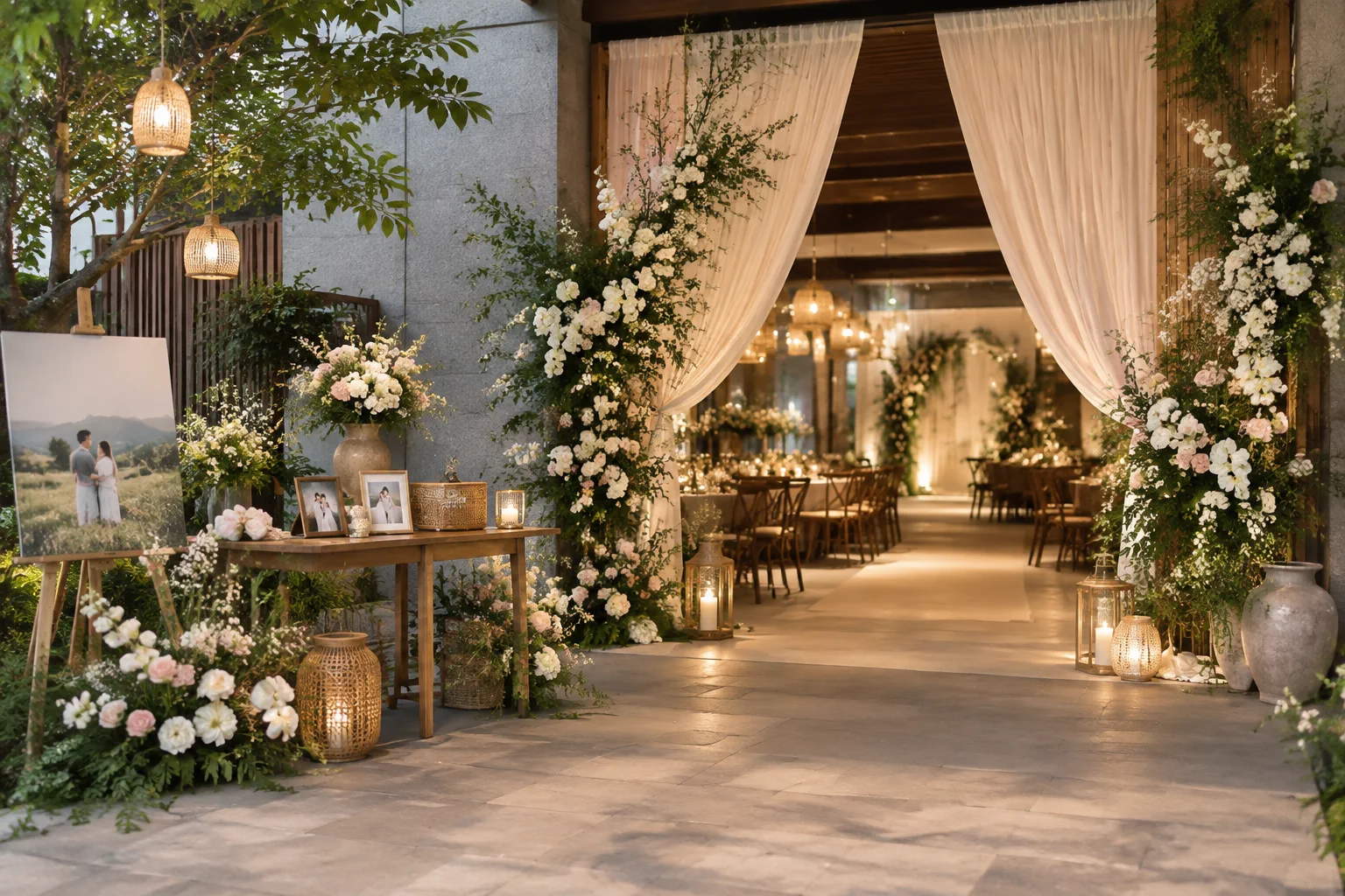 Không gian tiệc cưới tại Việt Nam được trang trí theo phong cách cá nhân hóa với khu vực lối vào và bàn đón khách, kết hợp hoa tươi, ánh sáng ấm và các chi tiết trang trí tinh tế t