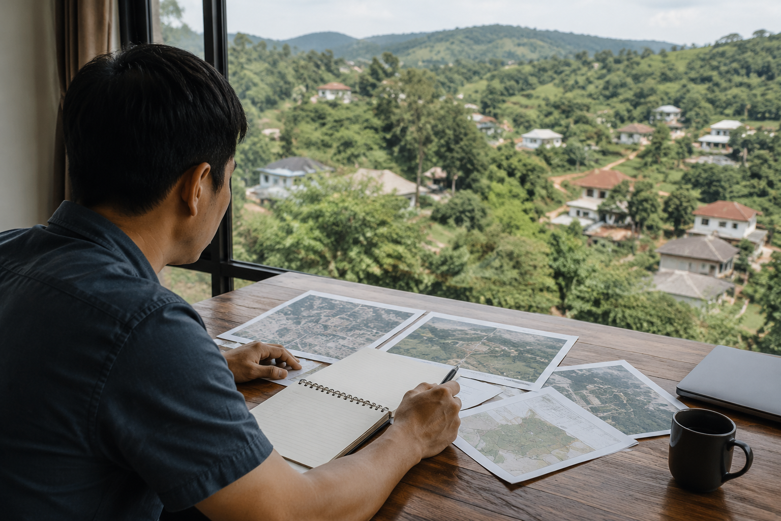 Người mua bất động sản đang so sánh nhiều lô đất tại Gia Nghĩa bằng sổ ghi chú và bản đồ trong bối cảnh thực tế Việt Nam
