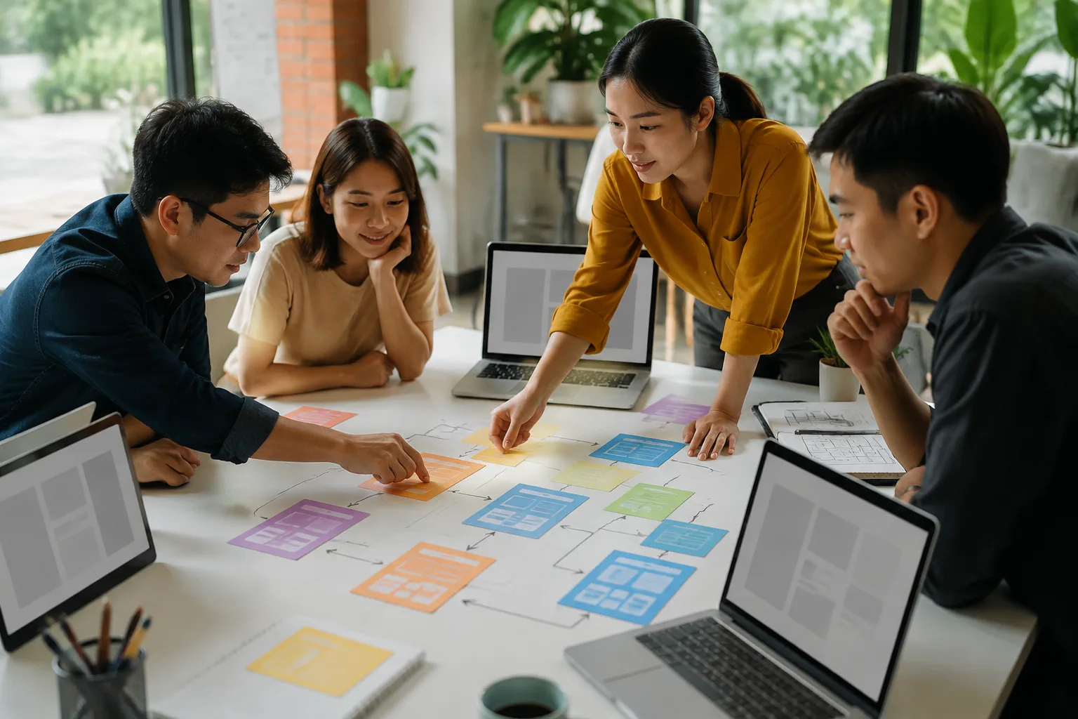 Nhóm nhân viên marketing Việt Nam ngồi quanh bàn lớn, dùng thẻ màu đại diện các trang website để sắp xếp chuỗi chuyển đổi, laptop mở giao diện website trống không có chữ.