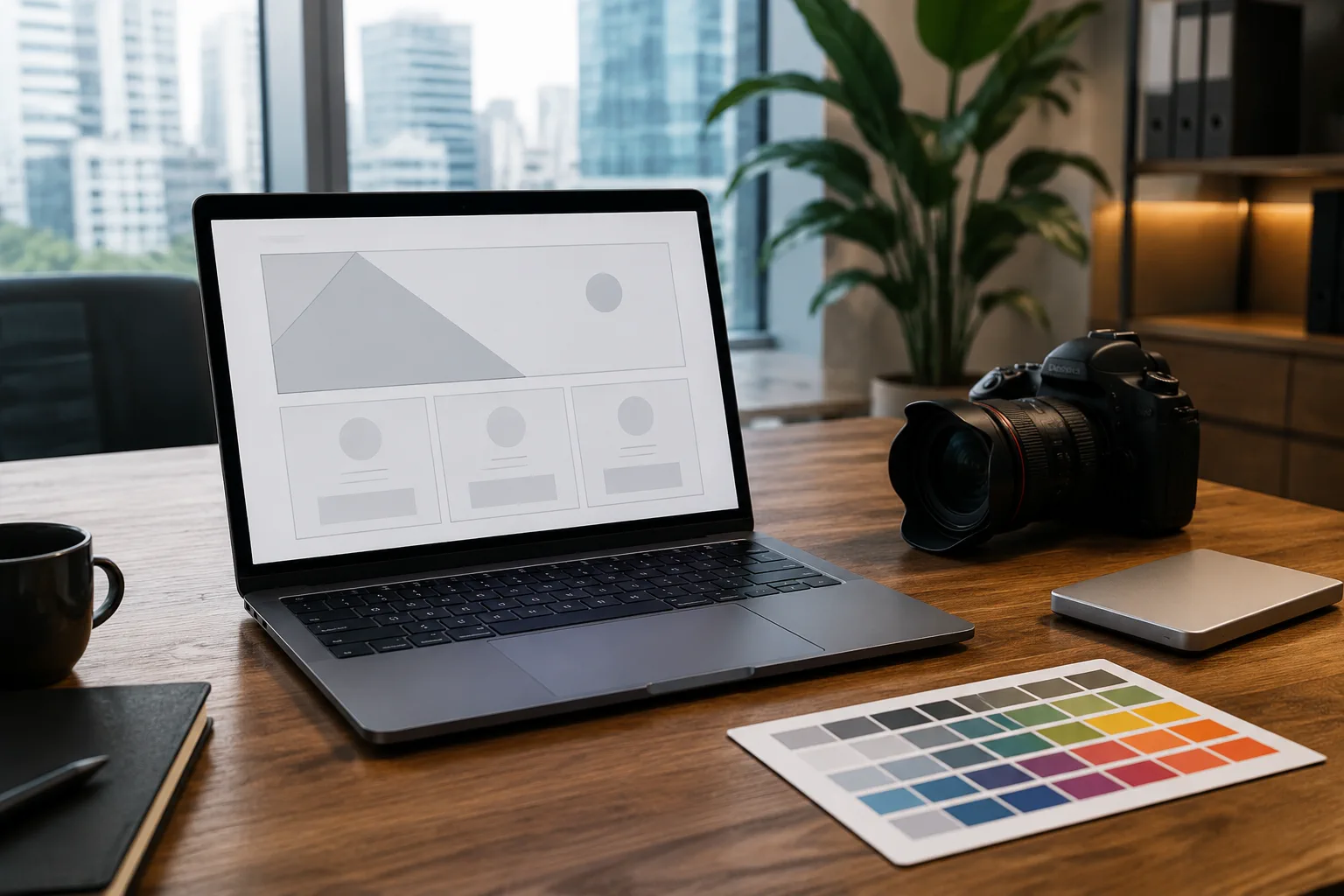 Không gian làm việc chuyên nghiệp chuẩn bị tài nguyên thiết kế website với máy tính và thiết bị lưu trữ