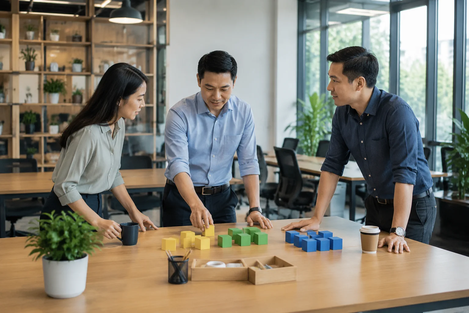 Nhóm quản lý doanh nghiệp Việt Nam phối hợp phân công vai trò trong dự án website tại khu vực làm việc chung, thể hiện việc xác định người phụ trách và quy trình ra quyết định nội