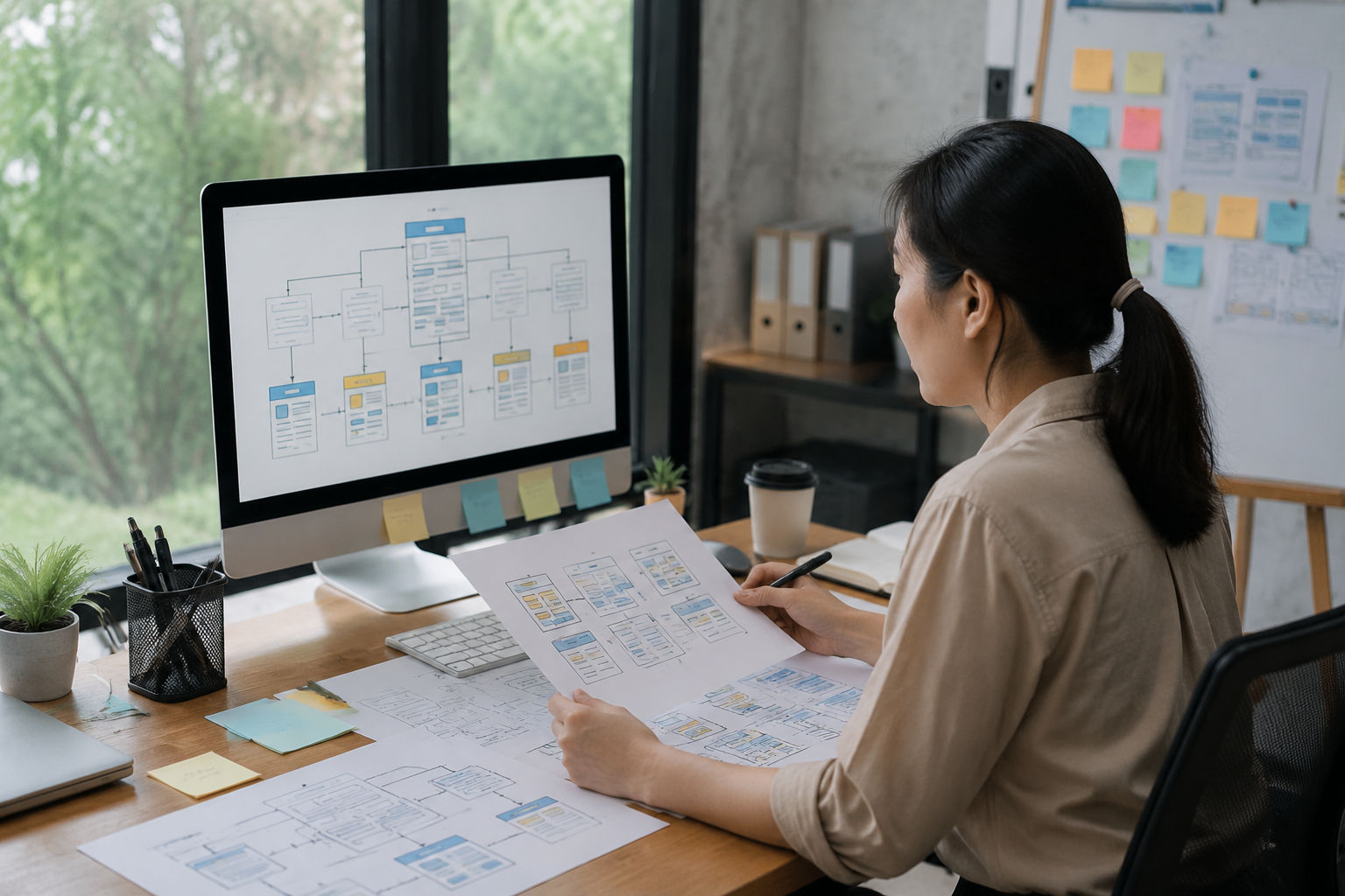 Chuyên viên marketing Việt Nam đang phân tích sơ đồ cấu trúc website trên bàn làm việc với các tài liệu và màn hình máy tính, minh họa việc xây dựng sitemap và hành trình khách hàn