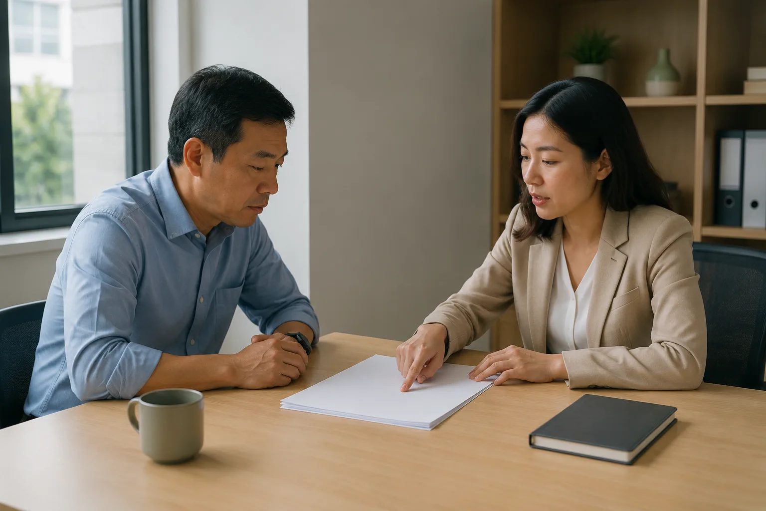 Chủ doanh nghiệp Việt Nam trung niên ngồi đối diện chuyên gia tư vấn pháp lý tại bàn họp nhỏ trong văn phòng, hai người cùng xem xét một tập tài liệu giấy trắng không có chữ — thể