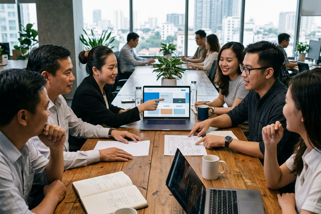 Nhân viên doanh nghiệp Việt Nam đang trao đổi với đội ngũ thiết kế website về bản kế hoạch dự án trên bàn làm việc, thể hiện quá trình chuẩn bị brief thiết kế website