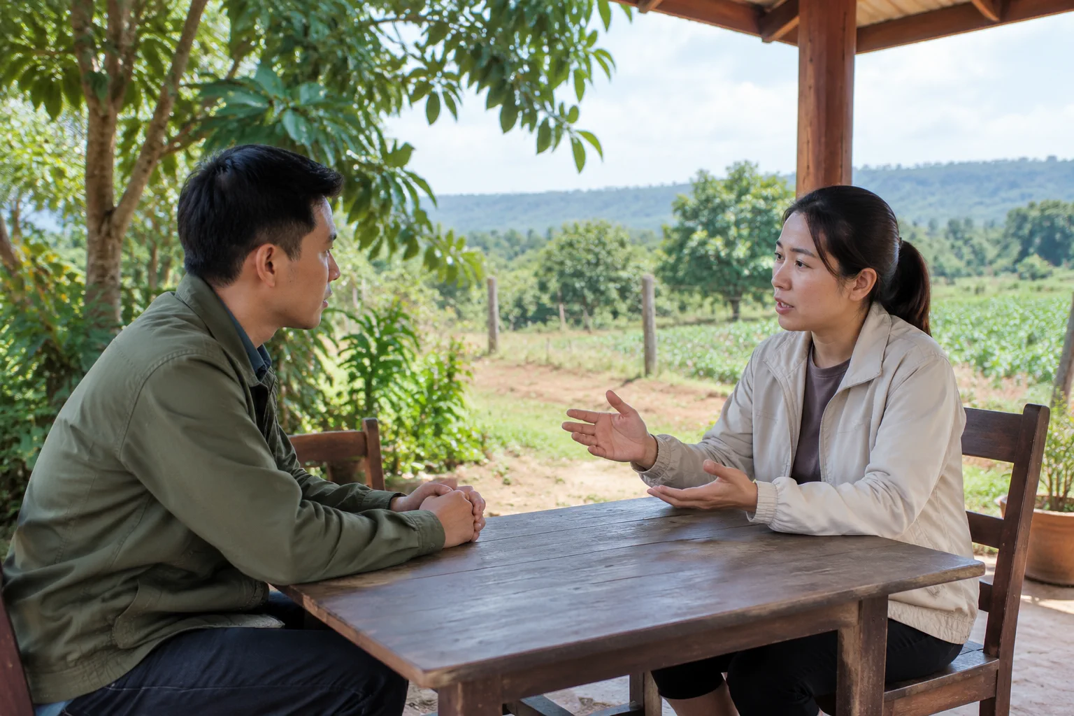 Người mua và chuyên viên tư vấn trao đổi các câu hỏi kiểm tra thông tin đất rẫy trong không gian ngoài trời gần khu vực nông thôn Đắk Nông, tập trung vào quá trình làm rõ thông tin