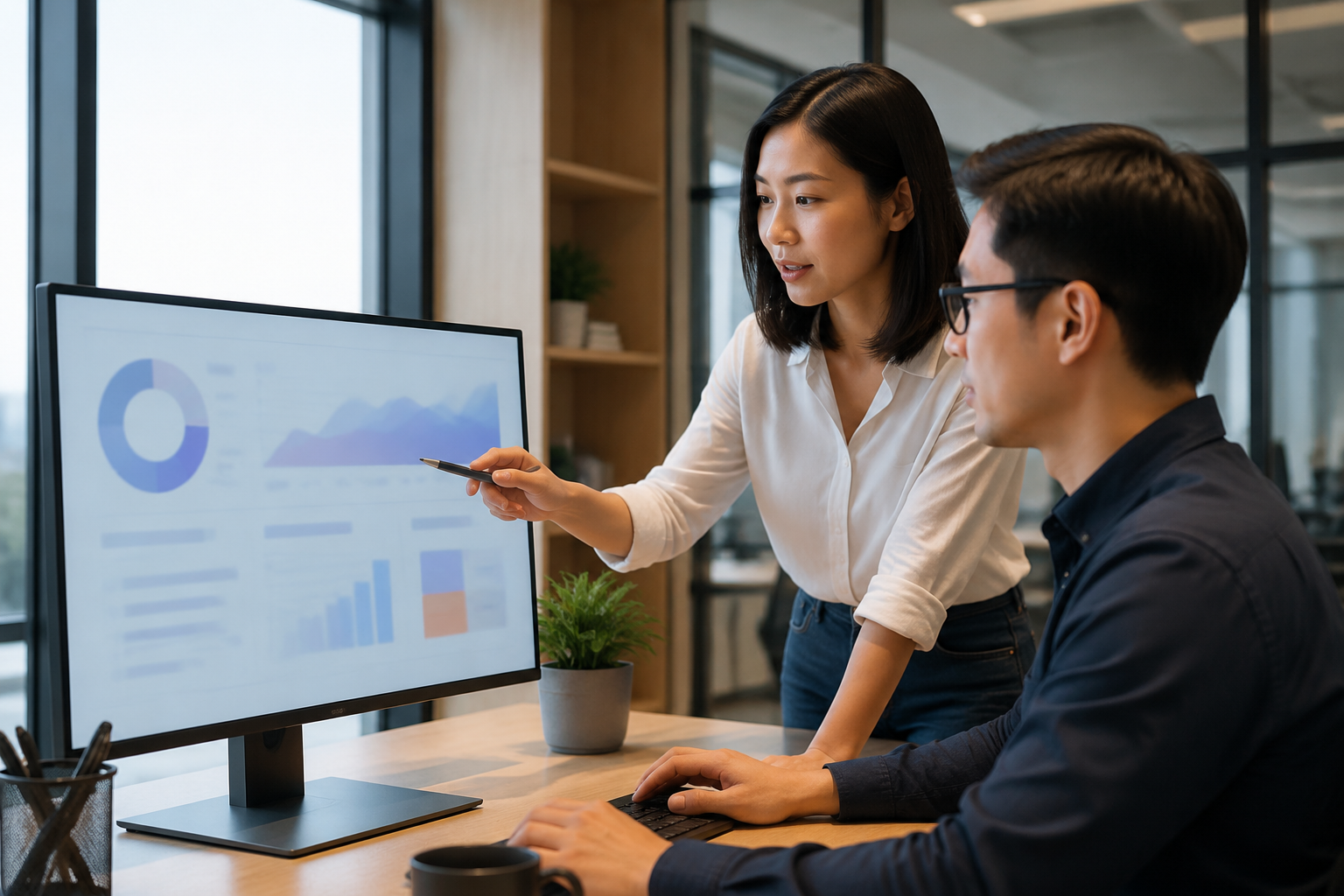 Chuyên viên marketing doanh nghiệp Việt Nam phân tích hành vi người dùng website qua biểu đồ trực quan không có chữ
