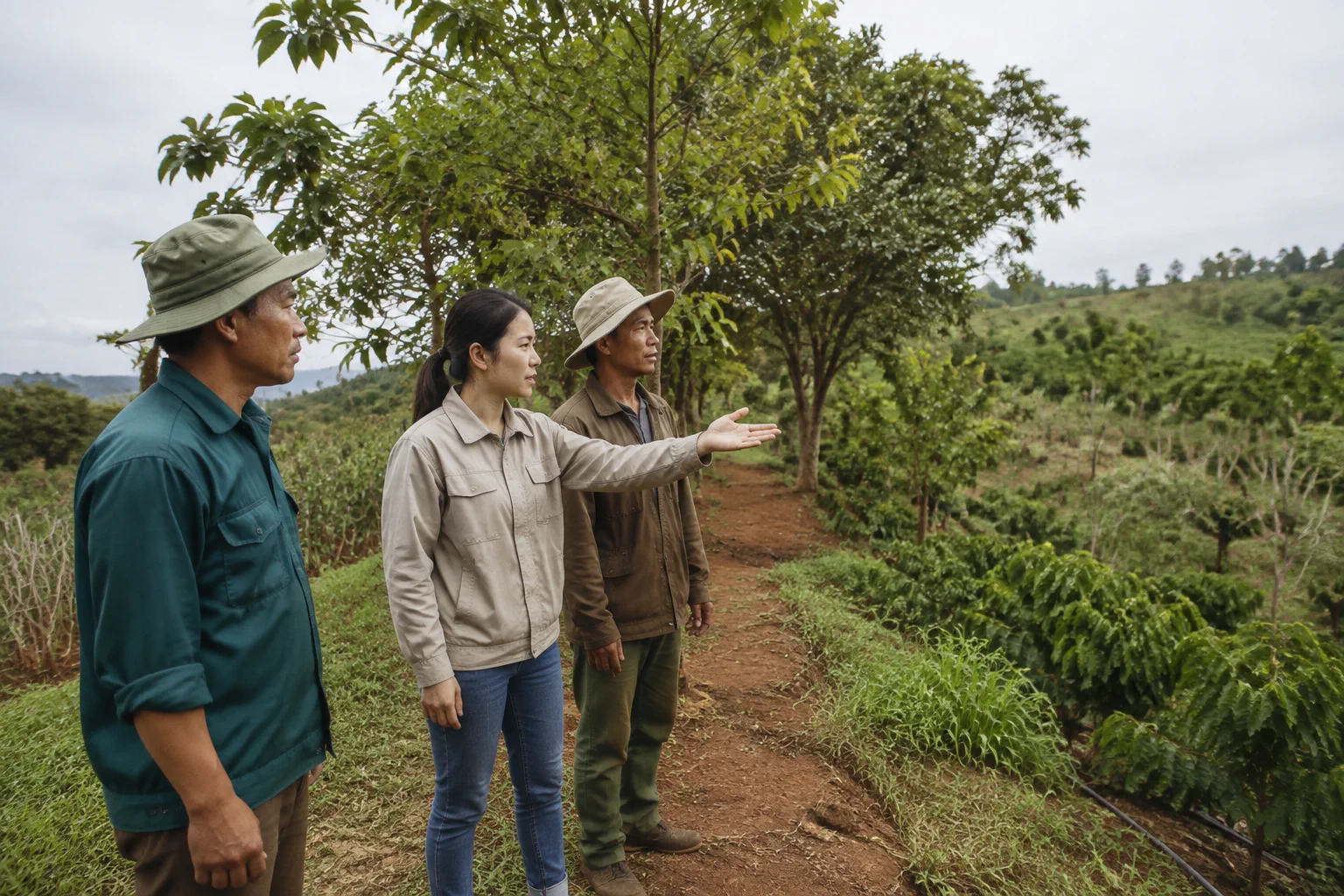 Người quản lý và nhóm nhân công trao đổi công việc tại khu đất farm Đắk Nông, thể hiện vai trò phối hợp và theo dõi thực hiện công việc tại hiện trường