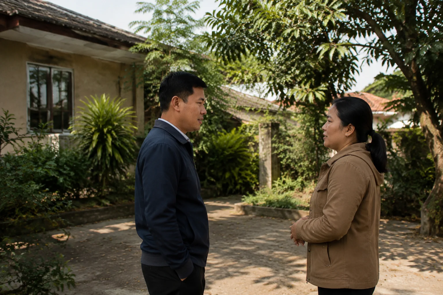 Toàn cảnh buổi chuẩn bị giao dịch nhà đất tại Gia Nghĩa với người mua và người bán trao đổi trực tiếp trong không gian ngoài trời trước một căn nhà địa phương, thể hiện việc cân nh