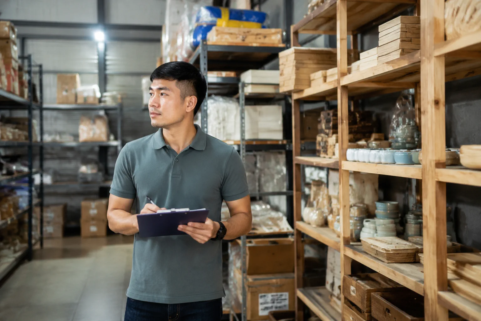 Nhân viên phụ trách dự án website tại doanh nghiệp Việt Nam đứng trong kho hàng hoặc không gian vận hành, quan sát và ghi chú các yêu cầu thực tế cần thể hiện trên website — bối cả